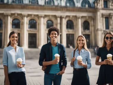 Three students celebrate with scholarships at top European film schools. Iconic buildings and film equipment surround them